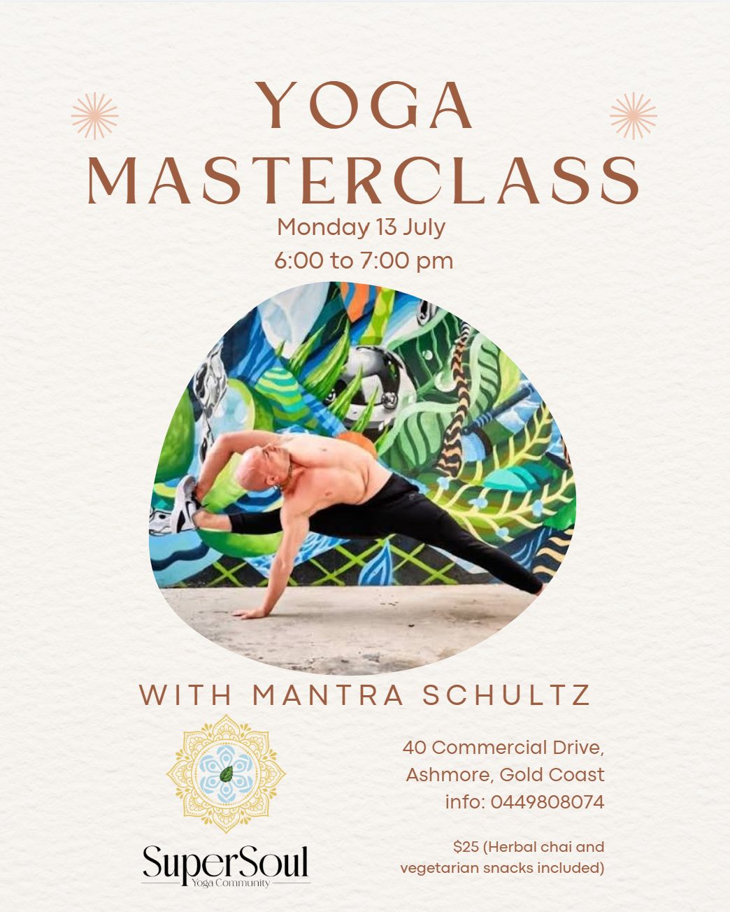 Poster for the SuperSoul Yoga masterclass with Mantra Schultz