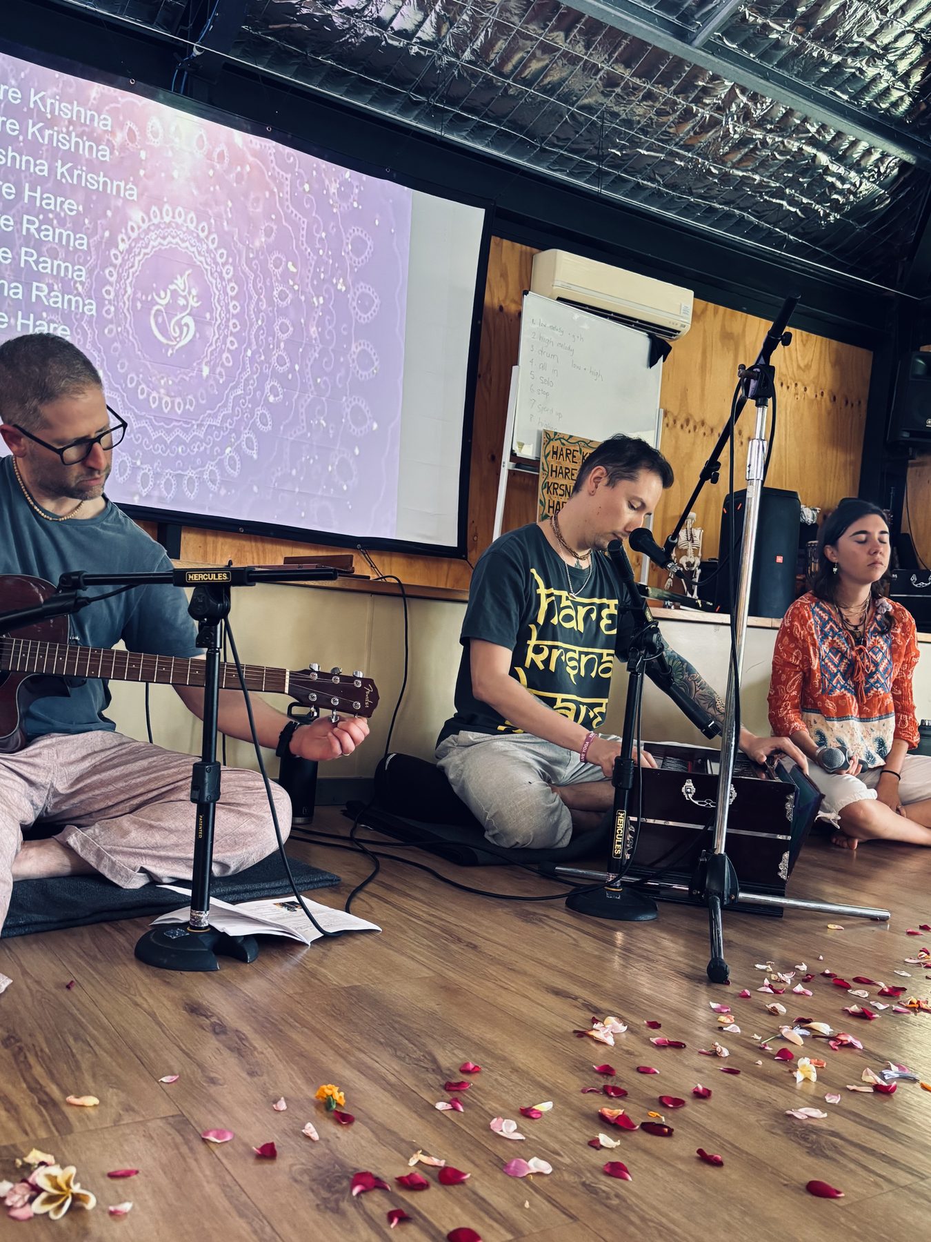 Musicians and singers during a kirtan evening